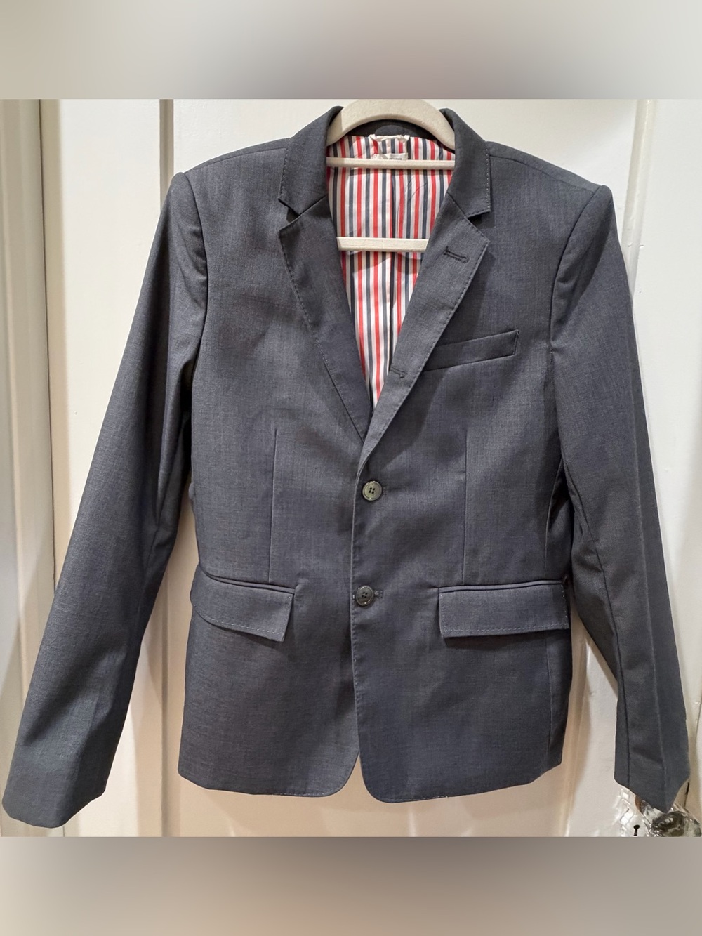 Thom Browne Gray Two-Button Blazer Striped Lining and Mother of Pearl Buttons
